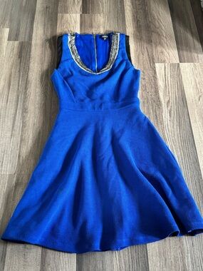 XOXO Royal Blue Sleeveless Skater Dress with Embellished Scoop Neckline